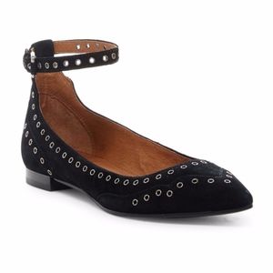 NIB $258 Frye Sienna Black Suede Grommet Ankle Strap Flat in size 6.5!